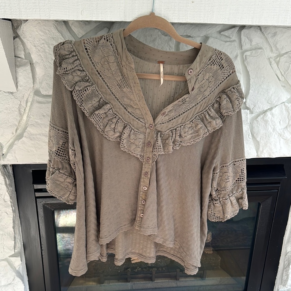 Free People Brown and Tan Ruffled Bib Collar Blouse